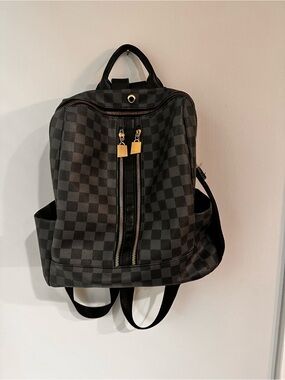 Black Checkered Backpack with Gold Hardware